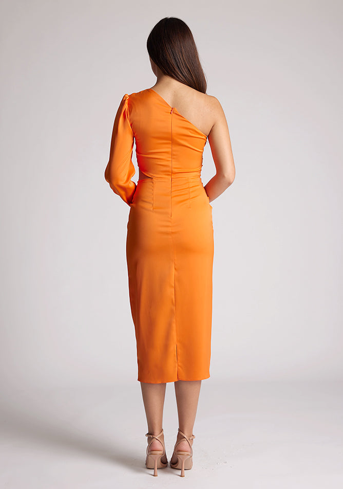 Back image of a model wearing an orange mid dress with a asymmetric, one long sleeve design and subtle side cut-out. The design featured is the Vesper Niccola Orange Midi Dress