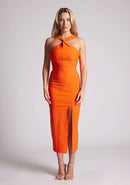 Front image of a model wearing a Orange Cross Neck Midaxi Dress with a crossover neck detail with flattering open back, and a high leg split, a design features Vesper Aida Orange Cross Neck Midaxi Dress