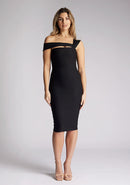 Front image of a model wearing a black midi dress, featuring a body con design and an assymetric double strap design. The dress featured is the Vesper Denver black midi dress