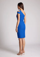 Back quarter image of a model wearing a cobalt midi dress, featuring a double strap on one shoulder and a body con design. The dress featured is the Vesper Fiona cobalt midi dress