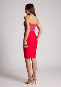 Back quarter image of a model wearing a pink and red dress with a cut out in the bardot neckline. The dress featured is the Hannah pink and red midi dress