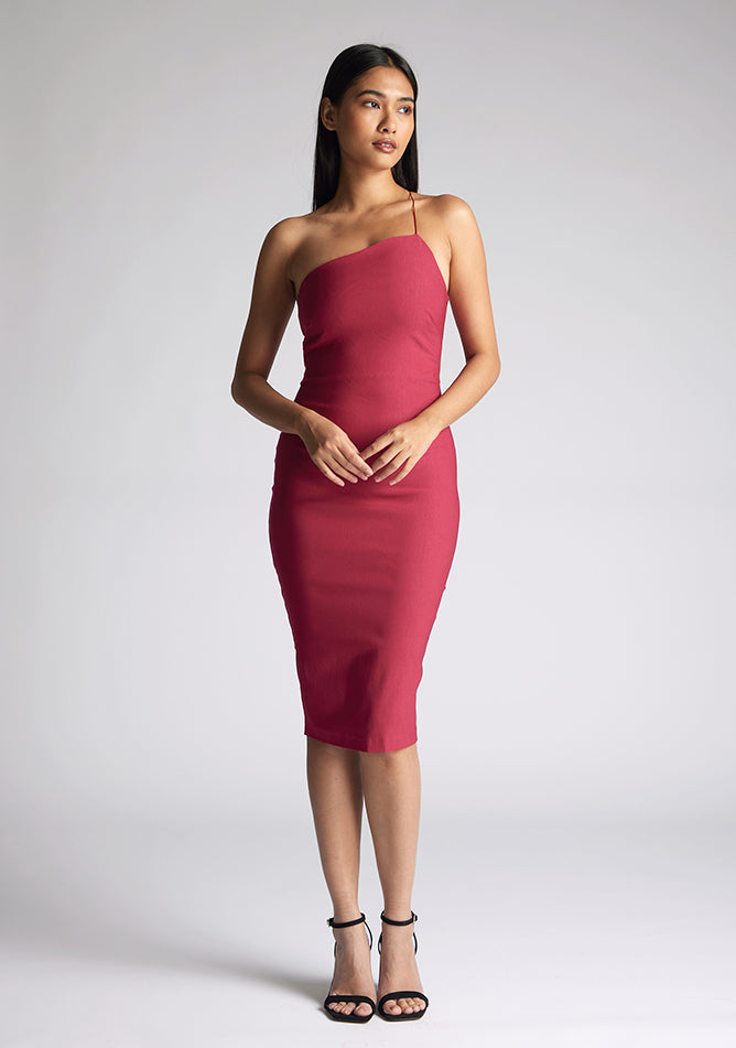 Front image of the model wearing a Raspberry Midi Dress with a asymmetrical neckline with one strap, and a bodycon silhoutte, a design features Vesper Leslie Raspberry Midi Dress