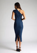 Back image of the model wearing a Navy Midaxi Dress with a one-shoulder design, a asymmetric cut, and a bodycon fit, a design features Vesper Rena Navy Midaxi Dress