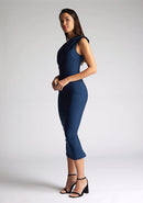 Front quarter  image of the model wearing a Navy Midaxi Dress with a one-shoulder design, a asymmetric cut, and a bodycon fit, a design features Vesper Rena Navy Midaxi Dress