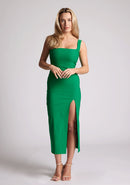 Front image of the model wearing a emerald bodycon midaxi dress with a square neckline and a front split. The design featured is the Vesper Abbie Emerald Midaxi Dress