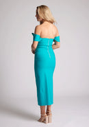 Back quarter image of a model wearing a lake green bardot dress with a stunning bardot neckline with armbands and a front skirt split. The design featured is the Vesper Astra lake Green Bardot Midaxi Dress