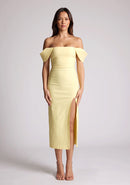 Front image of a model wearing a yellow bardot midaxi dress with a stunning bardot neckline with armbands and a front skirt split. The design featured is the Vesper Astra Yellow Bardot Midaxi Dress