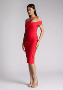 Quarter front image of a model wearing a red midi Dress with an unique one-shoulder design and arm band on one side, and a statement gold centre back zip. The dress featured is Vesper Emma Red One Shoulder Midi Dress.