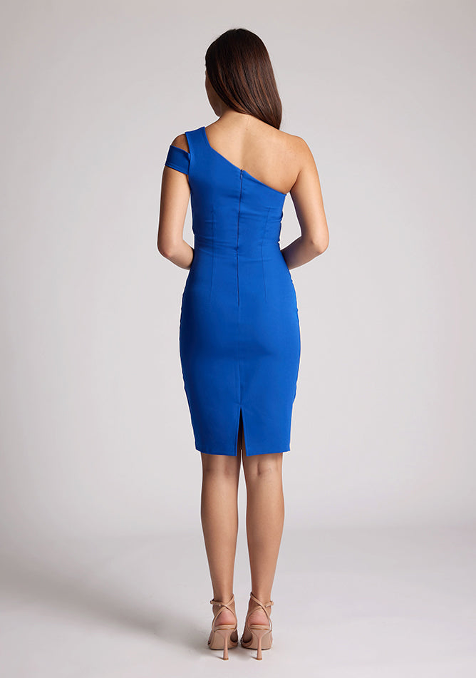 Back image of a model wearing a cobalt midi dress with  a double strap on one shoulder and a body con design. The design featured is the Vesper Fiona cobalt Midi Dress