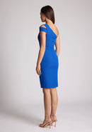 Back quarter image of a model wearing a cobalt midi dress with  a double strap on one shoulder and a body con design. The design featured is the Vesper Fiona cobalt Midi Dress
