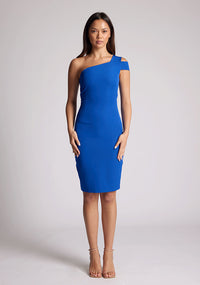 Front image of a model wearing a cobalt midi dress with  a double strap on one shoulder and a body con design. The design featured is the Vesper Fiona cobalt Midi Dress