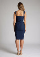 Back image of blonde model wearing a Navy Sweetheart Bodycon Midi Dress with a sweetheart midi dress, hollis features a sweetheart neckline with wide straps and centre back zip all made from our luxe super stretch fabric, a design features Vesper Hollis Navy Sweetheart Bodycon  Midi Dress