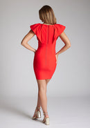 Back image of a model wearing a red mini dress, featuring a v-neckline, short sleeves with volume, an invisible zip at centre back and bodycon fit .The dress featured is the Vesper Joss Red Mini Dress.