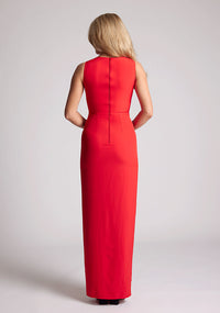 Back  image of a model wearing a Red Asymmetrical Detail Maxi Dress with a bold asymmetric neckline, front leg split and centre back zip fastening. The design features Vesper Polly Red Asymmetrical Maxi Dress
