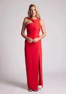 Front image of a model wearing a Red Asymmetrical Detail Maxi Dress with a bold asymmetric neckline, front leg split and centre back zip fastening. The design features Vesper Polly Red Asymmetrical Maxi Dress