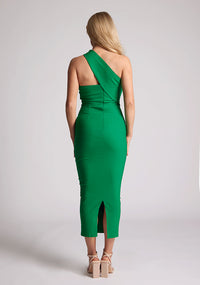 Back image of blonde model wearing a emerald green Midaxi Dress with an unique one-sleeve design, asymmetric neckline and a bodycon fit, design features Vesper Teo Emerald Green Midaxi Dress