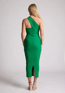 Back image of blonde model wearing  emerald one shoulder midaxi dress with a unique one-sleeve design, asymmetric cut neckline, bycon fit, back zip and closure short split. The design featured is the Vesper Teo Emerald One Shoulder Midaxi Dress