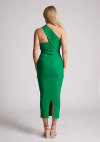 Back image of blonde model wearing  emerald one shoulder midaxi dress with a unique one-sleeve design, asymmetric cut neckline, bycon fit, back zip and closure short split. The design featured is the Vesper Teo Emerald One Shoulder Midaxi Dress