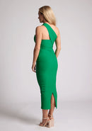 Back quarter image of blonde model wearing  emerald one shoulder midaxi dress with a unique one-sleeve design, asymmetric cut neckline, bycon fit, back zip and closure short split. The design featured is the Vesper Teo Emerald One Shoulder Midaxi Dress