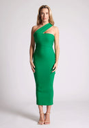 Front image of blonde model wearing  emerald one shoulder midaxi dress with a unique one-sleeve design, asymmetric cut neckline, bycon fit, back zip and closure short split. The design featured is the Vesper Teo Emerald One Shoulder Midaxi Dress