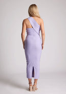 Back image of blonde model wearing a  lilac Midaxi Dress with an unique one-sleeve design, asymmetric neckline and a bodycon fit, design features Vesper Teo Lilac Midaxi Dress