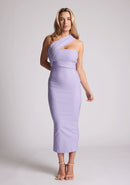Front image of blonde model wearing a  lilac Midaxi Dress with an unique one-sleeve design, asymmetric neckline and a bodycon fit, design features Vesper Teo Lilac Midaxi Dress