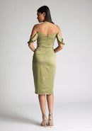 Back image of model wearing a olive satin bardot midi dress with a  delicate allure satin, cowl neckline and invisible back zip with thin straps and draped arm bands.  The design featured is the Vesper Victoria Olive Satin Bardot Midi Dress