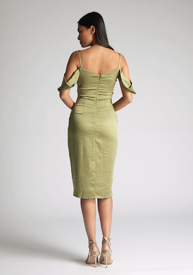 Back image of model wearing a olive satin bardot midi dress with a  delicate allure satin, cowl neckline and invisible back zip with thin straps and draped arm bands.  The design featured is the Vesper Victoria Olive Satin Bardot Midi Dress