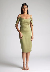 Front image of model wearing a olive satin bardot midi dress with a  delicate allure satin, cowl neckline and invisible back zip with thin straps and draped arm bands.  The design featured is the Vesper Victoria Olive Satin Bardot Midi Dress