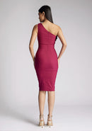 Back image of blonde model wearing a berry midi dress with an alluring one-sleeve design and a captivating asymmetric cut, and a discreet back zip. The design featured is the Vesper Xyla Berry One Shoulder Midi Dress