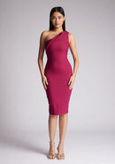 Front image of a model wearing a berry midi dress, featuring a one shoulder design with a twisted band across the front. The dress featured is the Vesper Xyla berry midi dress