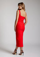 Back quarter image of blonde model wearing a red bodycon midaxi dress with a square neckline with wide straps and a front skirt split. The design featured is the Vesper Abbie Red Bodycon Midaxi Dress