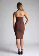 Back image of blonde model wearing a Chocolate Midi Dress with a high neckline and pointed collar detail, and a bodycon fit, a design features Vesper Feodora Chocolate Midi Dress