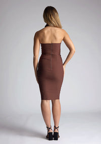Back image of blonde model wearing a Chocolate Midi Dress with a high neckline and pointed collar detail, and a bodycon fit, a design features Vesper Feodora Chocolate Midi Dress