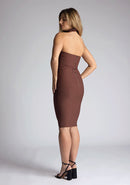 Back quarter image of blonde model wearing a Chocolate Midi Dress with a high neckline and pointed collar detail, and a bodycon fit, a design features Vesper Feodora Chocolate Midi Dress