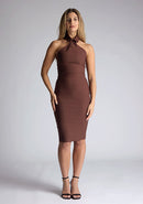 Front image of blonde model wearing a Chocolate Midi Dress with a high neckline and pointed collar detail, and a bodycon fit, a design features Vesper Feodora Chocolate Midi Dress