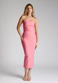 Front image of blonde model wearing a forest green midaxi dress with a alluring asymmetric design flatters every figure, while the bodycon silhouette accentuates your natural curves. The design featured is the Vesper Landen Fiesta Pink Dress
