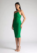 Front quarter image of the model wearing an emerald one shoulder midi dress with a asymmetrical neckline with one strap, bodycon silhouette and discreet back zip for seamless fit. The design featured is the Vesper Leslie Emerald One Shoulder Midi Dress