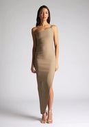 Front image of model wearing a taupe one shoulder maxi dress with a asymmetrical neckline, one-shoulder design, and a leg split. The design featured is the  Vesper Melanie Taupe One Shoulder Maxi Dress