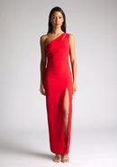 Front image of model wearing red asymmetric maxi dress with a asymmetric neckline with one shoulder detail, front bodice cut-out and front skirt split. The design featured is Vesper Verity Red Asymmetric Maxi Dress