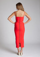 Back image of the model wearing a red midaxi dress with a sweetheart neckline that accentuates your neckline beautifully, bodycon fit and centre gold back zip. The design featured is the Vesper Zoya Red Midaxi Dress